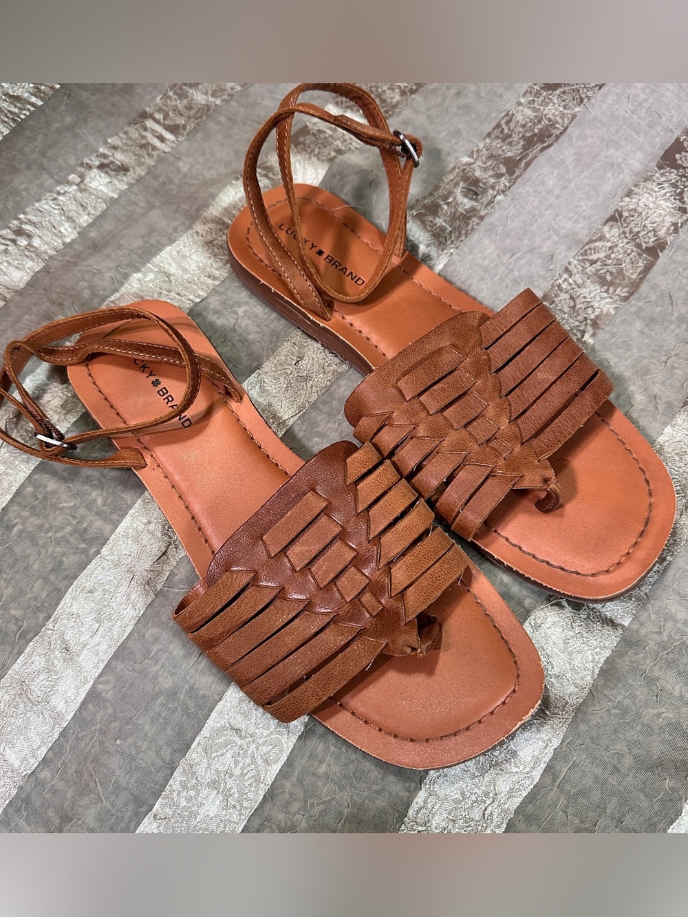 Lucky Brand Tan/Brown Woven Boho Leather Ankle-Strap Sandals